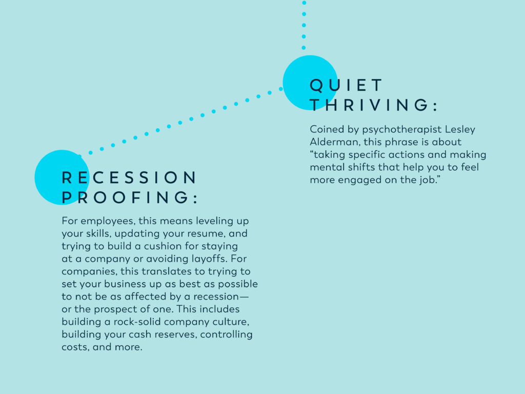 Infographic with definitions of two workplace buzzwords: quiet thriving and recession proofing.
