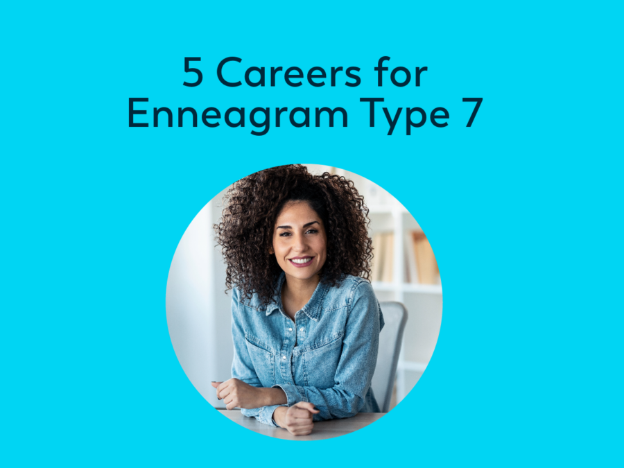 Woman with denim shirt and curly hair and the words 5 Careers for an Enneagram Type 7