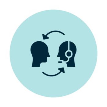 Symbol of customer service rep communicating with customer on a teal blue circle.