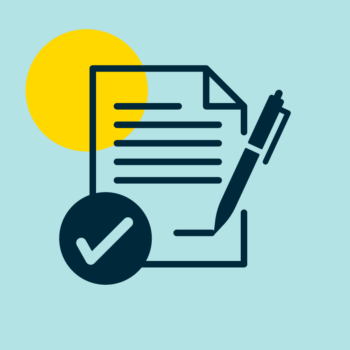 icon of contract being signed with a pen on light blue background.