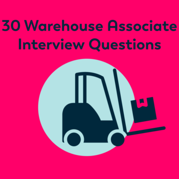 Icon image of forklift in front of teal blue circle with text "30 Warehoue Associate Interview Questions" above it.