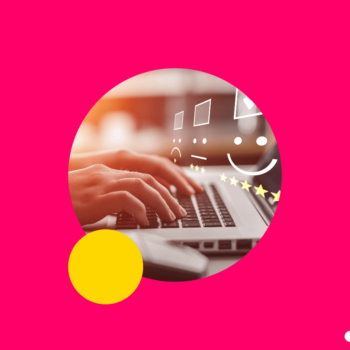 Magenta background. Yellow accent circle. Insight Global logo in white. Circle crop image of hands on a laptop, taking an employee engagement survey.