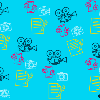 Blue background. Line icons of cameras, video cameras, smart phones with social media, and pens on paper. Insight Global logo.