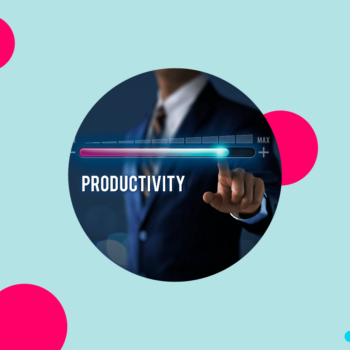 Light blue background. Magenta accent circles. Circle crop of a photo of a man in a suit pointing to a productivity graphic. Insight Global logo.