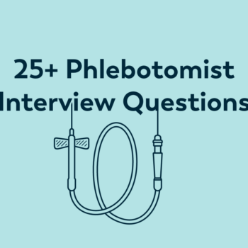 Text says "25+ Phlebotomist Interview Questions" with illustration of needle + tube on light blue background.