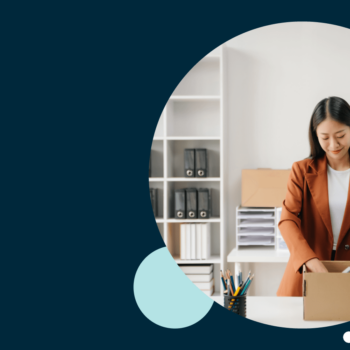 Navy background. Light blue accent circle. Insight Global logo. Circle crop of a businesswoman packing up her desk, as she transitions from one role to another.