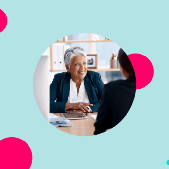 Light blue background. Magenta accent circles. Insight Global logo. Circle crop of a photo of an older female hiring manager during an interview.