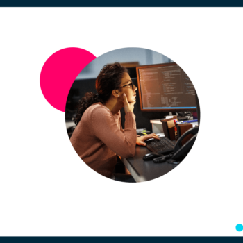 Navy border. White background. Magenta accent circle. Insight Global logo. Circle crop of a photo of a .NET developer working at her desk.