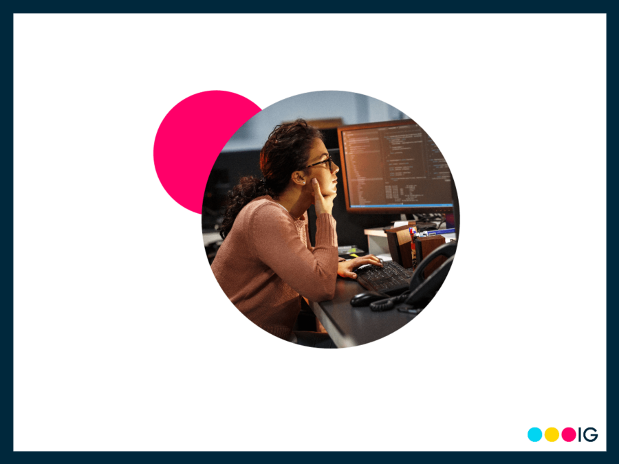 Navy border. White background. Magenta accent circle. Insight Global logo. Circle crop of a photo of a .NET developer working at her desk.