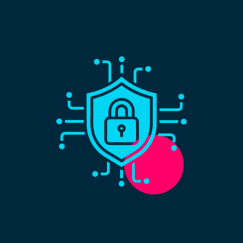 blue cybersecurity symbol on bright pink circle over a dark blue background.