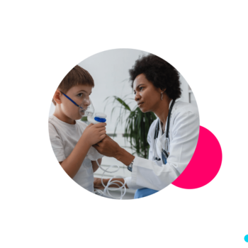 White background. Bright blue half circle border on the left. Magenta accent circle. Insight Global logo. Circle crop of a photo of a black female respiratory therapist helping a white male child.
