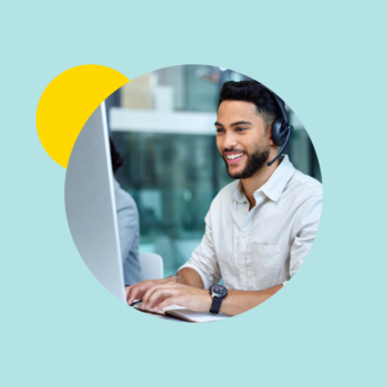 Customer service representative with headset virtually assisting customers.