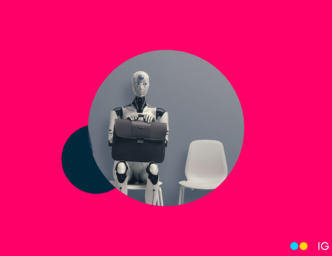 pink background with navy circle showing AI robot in chair with interview briefcase AI in job search