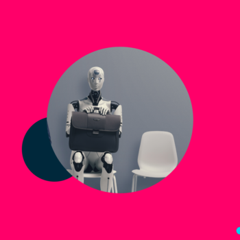 pink background with navy circle showing AI robot in chair with interview briefcase AI in job search