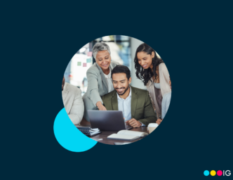 Dark background with circle image showing three people reviewing creative staffing requests How To Lead Creative Teams When You’re Not a Creative
