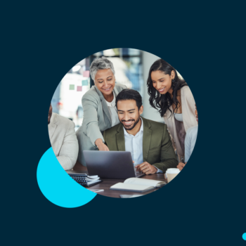 Dark background with circle image showing three people reviewing creative staffing requests How To Lead Creative Teams When You’re Not a Creative
