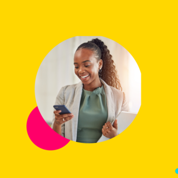 yellow background with pink circle. Photo of a black woman with a pony tail looking at a phone interview for social media manager