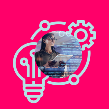upskilling within tech - icon of professional with lightbulb and gear.