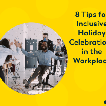 Yellow circle patterned background. Circle crop image of a workplace celebration. Insight Global logo. Navy text reads: 8 Tips for Inclusive Holiday Celebrations in the Workplace