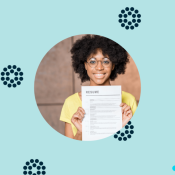 Light blue background. Navy accent circles. Insight Global logo. Circle crop of photo of black female job seeker holding up her resume.